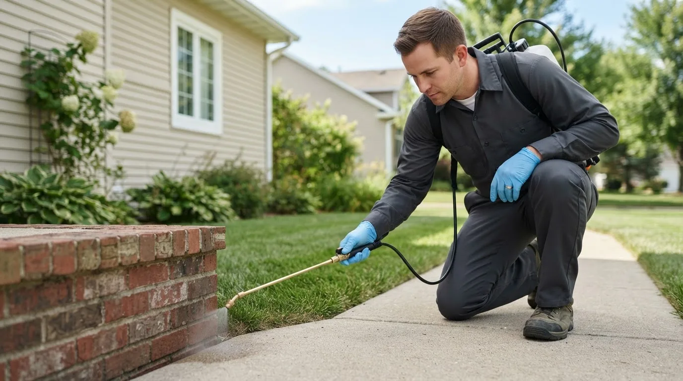 Pest control technician treating a home near Wildrose, ND